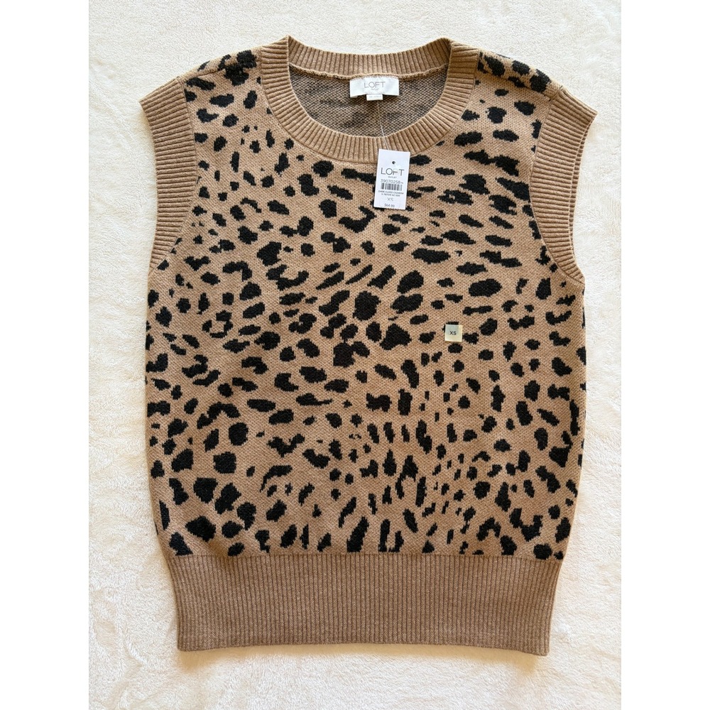 Loft Brown Leopard Print Knit Sweater Vest Womens XS NWT‎